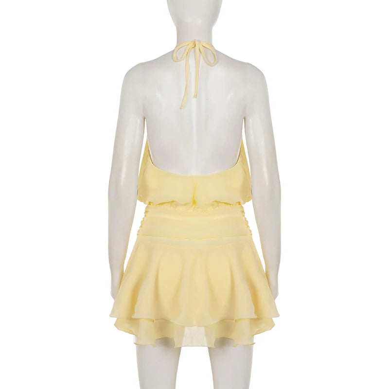 Celestine Yellow Boho Ruffle Halter Mini Dress