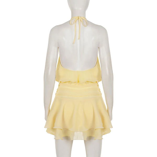 Celestine Yellow Boho Ruffle Halter Mini Dress