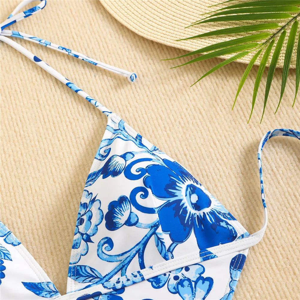 Ingrith Vintage Floral String Halter Cutout Backless One-Piece Swimsuit