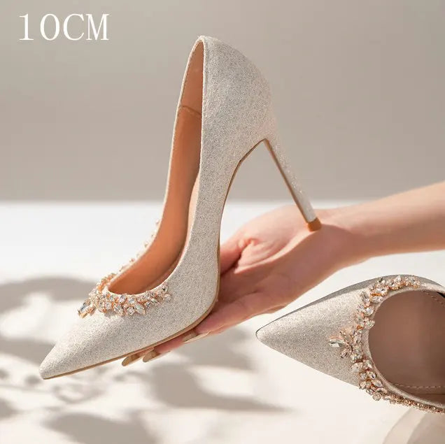 2025 New French Stiletto Heels Pointy Head Shallow Mouth Shoes Rhinodiamond-Edged Korean Version White Crystal Wedding Pumps