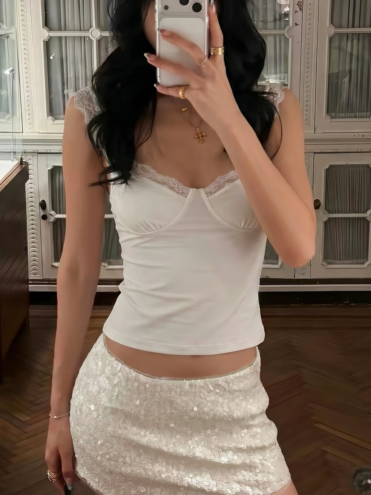 Wenna Lace-Trim Ruffle Strap Slim Crop Cami One-piece
