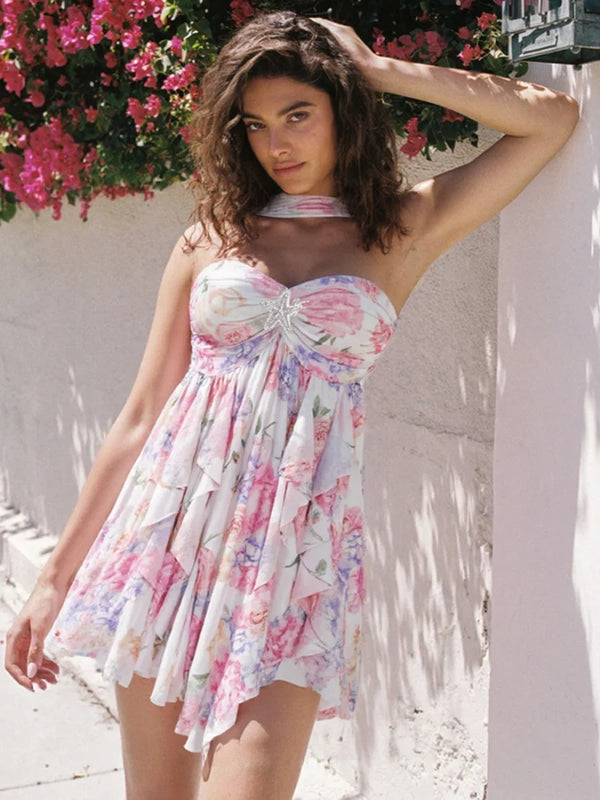 Alessandra Printed Scarf-Collar A-Line Mini Dress