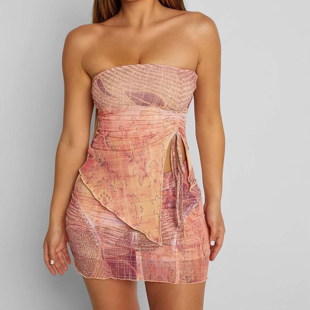 Priya Y2K Mesh Tube Top Skirt Set
