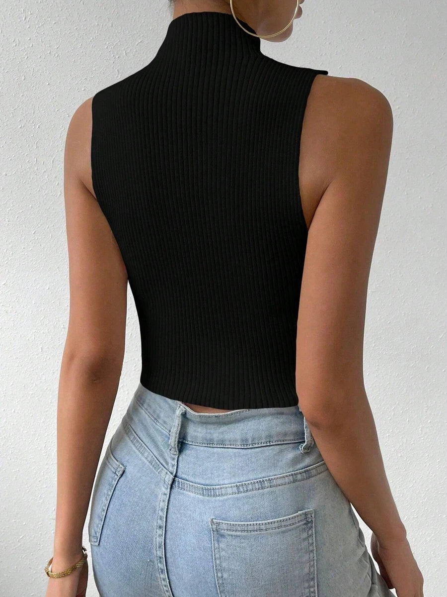 Summer Spring Women Casual Sexy Knit Sleeveless Curve Corset Mock Neck Crossfit Crop Top Femme Stretch Y2k Tank Fashion Clothes Secondary image