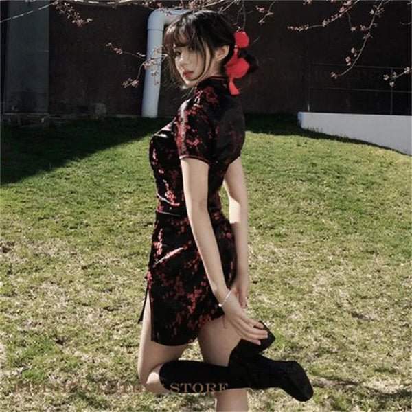 Xiu Jacquard Floral Qipao Mini Dress