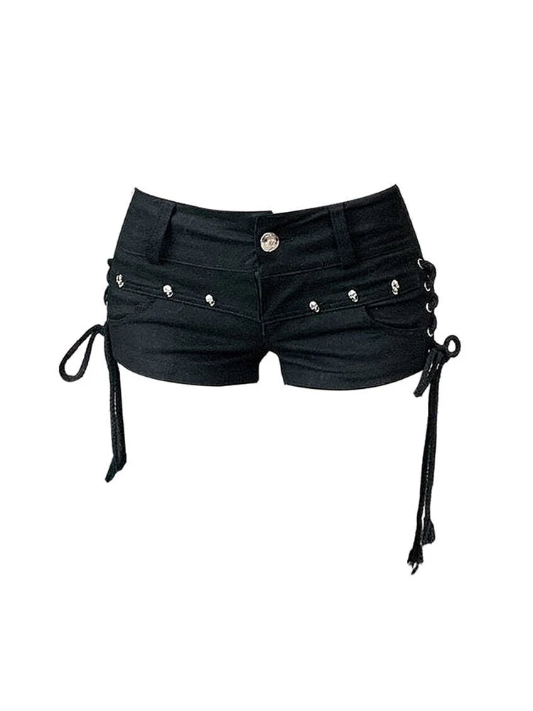 Morgana Gothic Low-Rise Lace-Up Black Denim Shorts Apparel One-piece