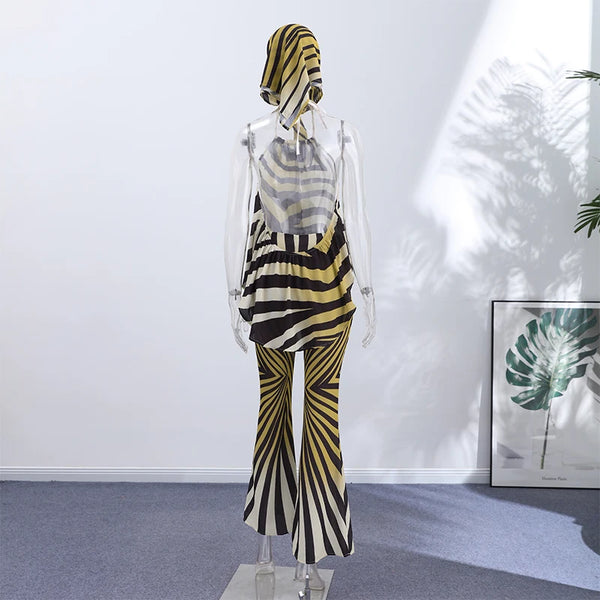 Marisela Retro Geometric Stripe Halter Backless Top & Flare Pants Two-piece