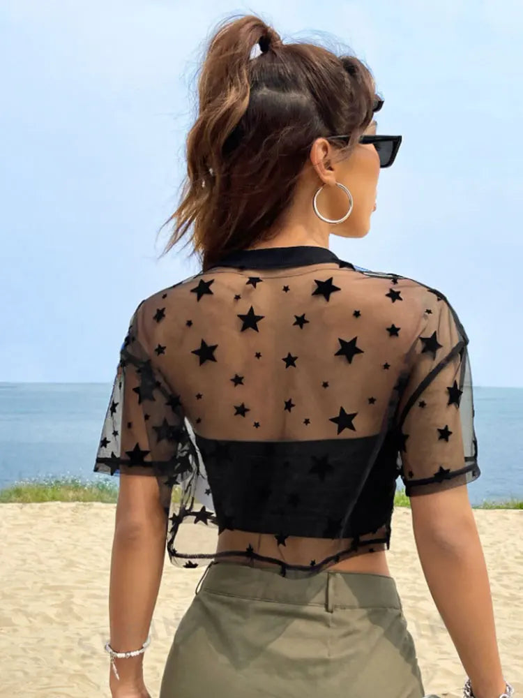 Stella Star-Embroidered Sheer Mesh Crop Top One-piece