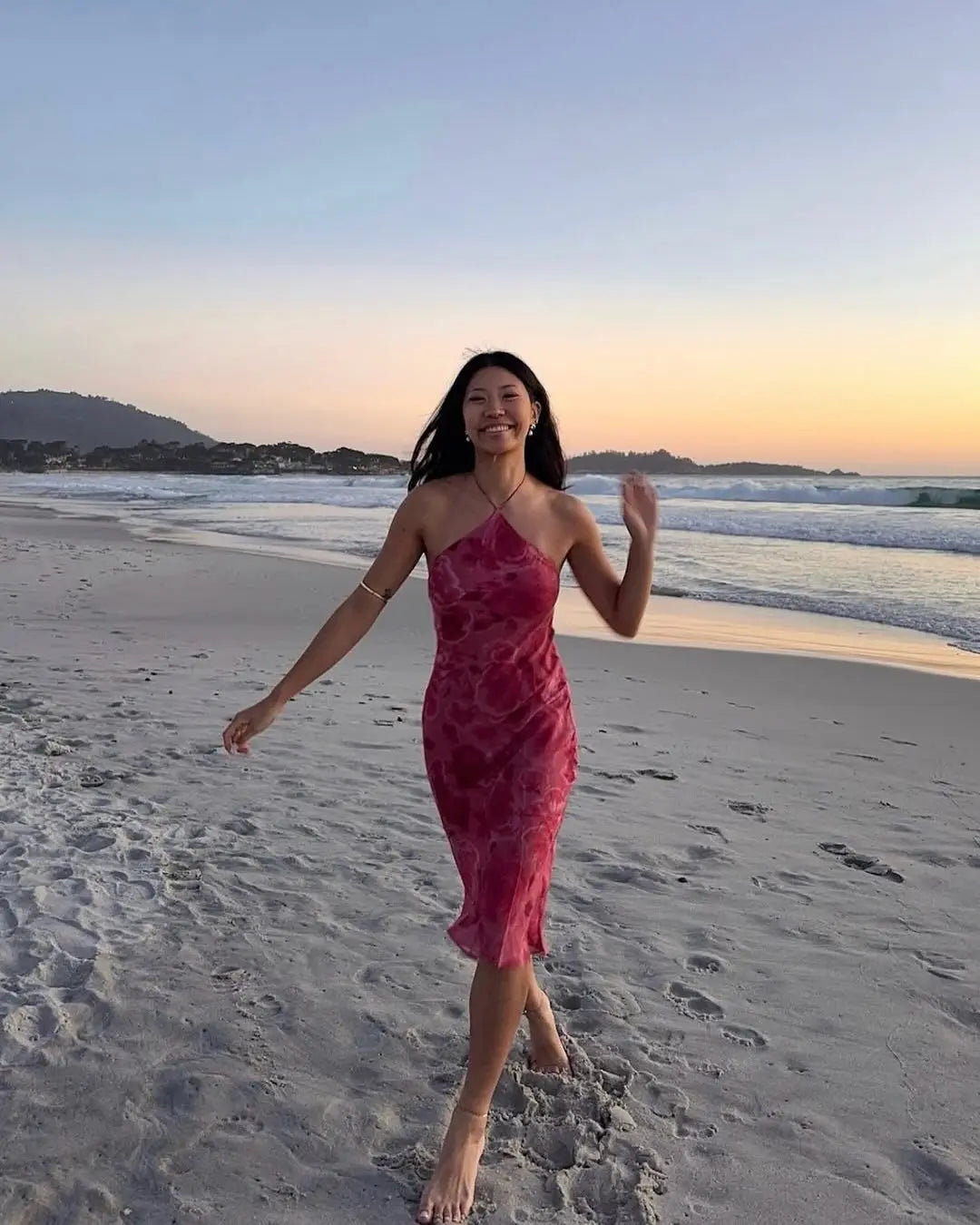 Ninon Rose Print Halter Backless Ruffle-Hem Midi Dress One-piece
