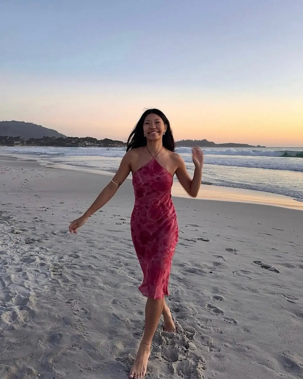 Ninon Rose Print Halter Backless Ruffle-Hem Midi Dress One-piece