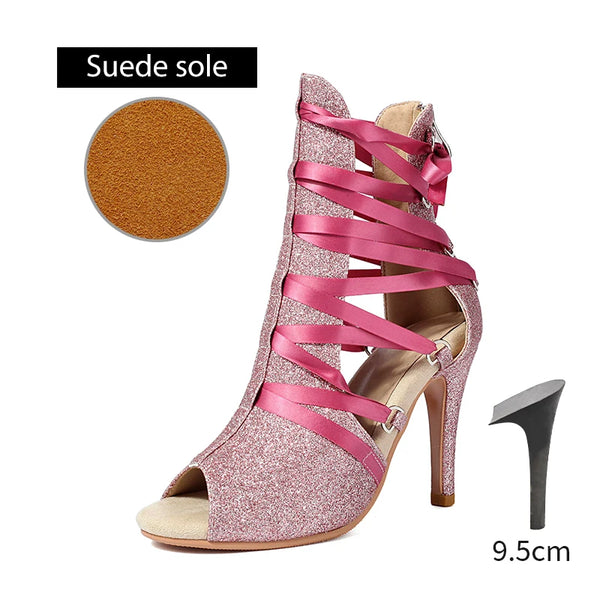 DKZSYIM Women Dance Boots Girls Ladies Jazz Dancing Shoes Thin Heels Glitter Shining Latin Indoor Party Dance Shoes Personalized