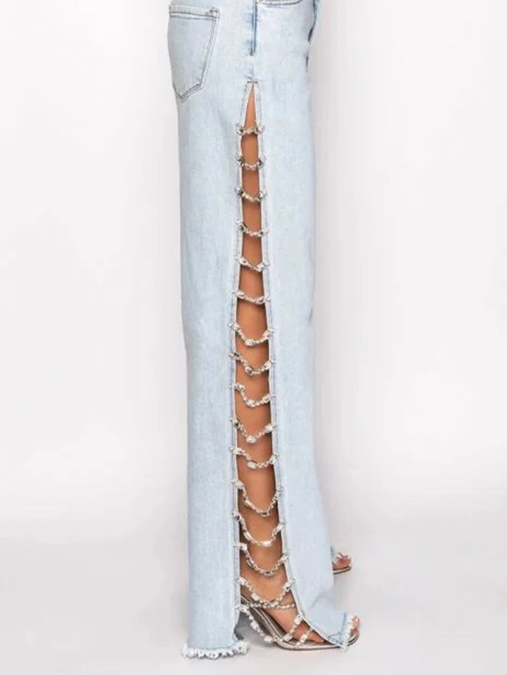 Jessamine Rhinestone Cutout Wide-Leg Jeans One-piece