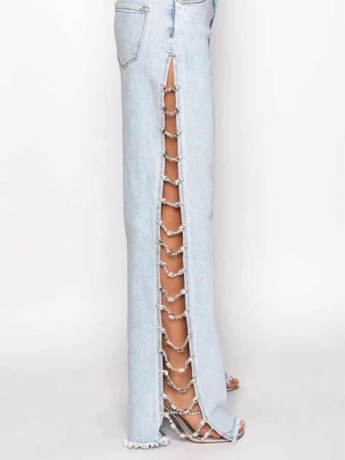 Jessamine Rhinestone Cutout Wide-Leg Jeans One-piece