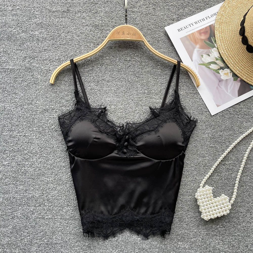 Women Satin Splicing Lace Camis Back Folds Tank Top Pink With Chest Pad Corset Backless Sleeveless Slim Bralette Sexy Crop Tops