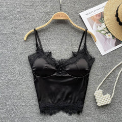 Women Satin Splicing Lace Camis Back Folds Tank Top Pink With Chest Pad Corset Backless Sleeveless Slim Bralette Sexy Crop Tops
