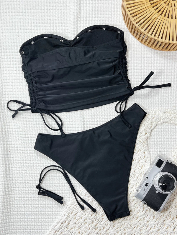 Vigoashely 2026 Black Bandeau Tankini Set Swimsuit Women Strapless Tied Tank Top Swimwear Lady Solid Brazilian Bathing Suit Swim