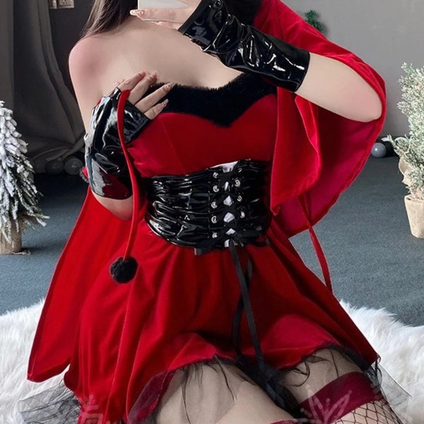 Lucinda Red Velvet Devil Costume Set with Cape, Corset Belt & Horns