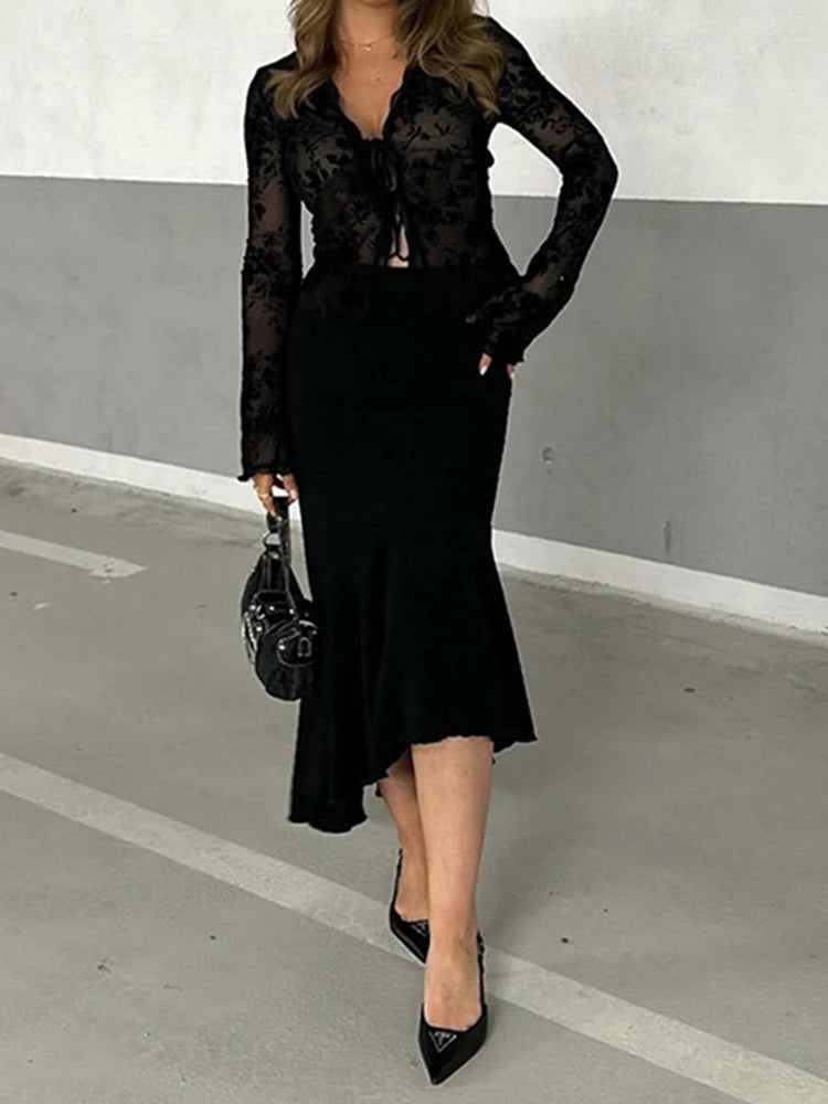 Autumn New Fashionable Chiffon Slim Fit Ruffle Trumpet Sleeve Shirt for Women Secondary image
