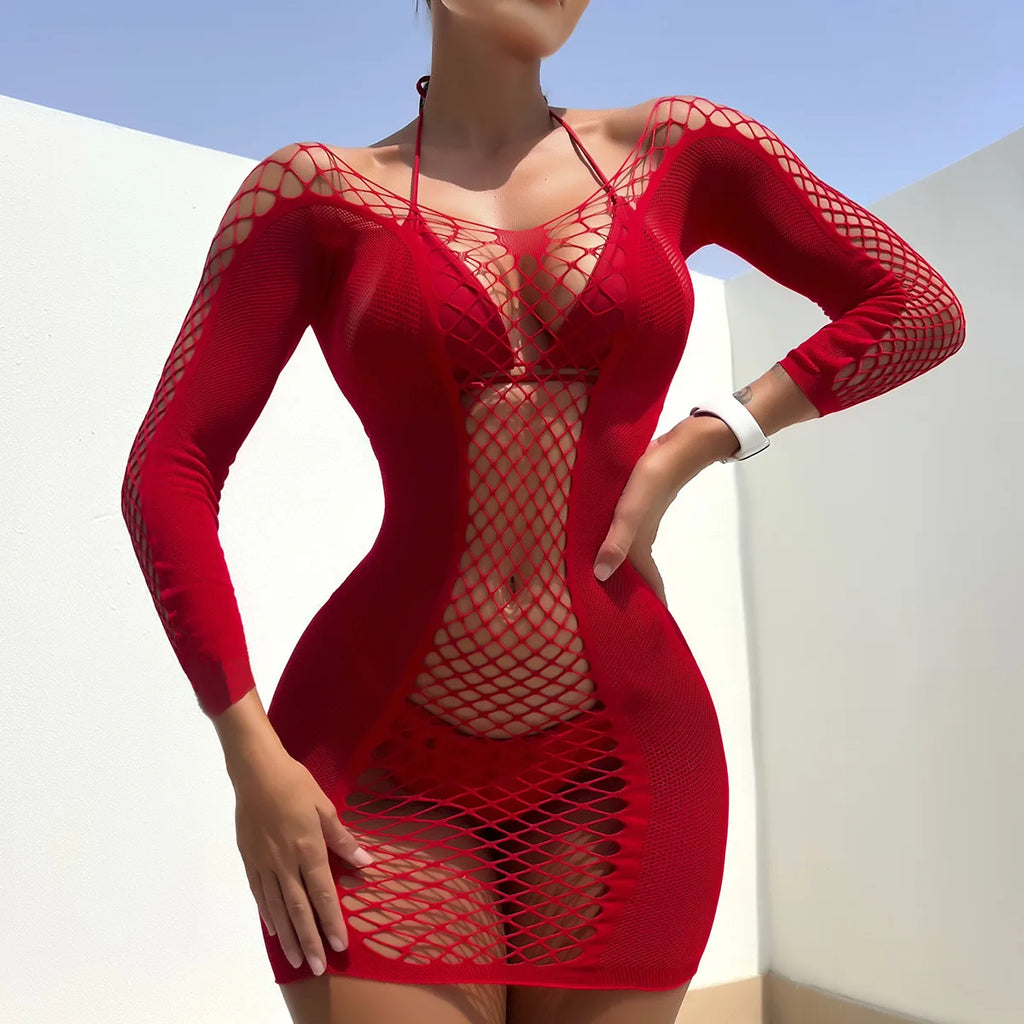 Lyra Multi-Style Fishnet Halter Backless Mini Dress Lingerie