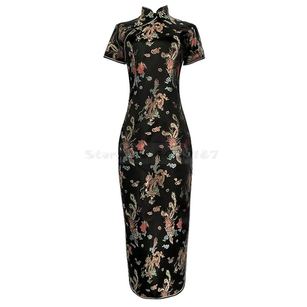 Feng Dragon-and-Phoenix Satin Qipao Maxi Dress