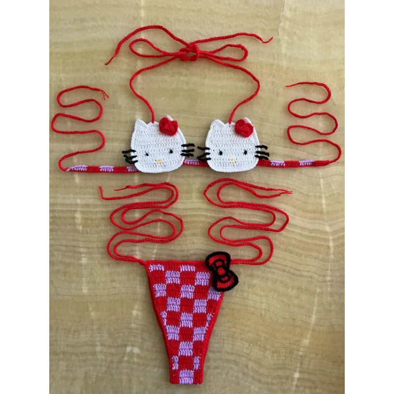 Cute Hello Kitty Ladys Sexy Swimsuit Crochet Bikinis Set Sanrio 2Pcs Womens Swimming Suit Micro Bikini Thongs Bathing Suit Beach