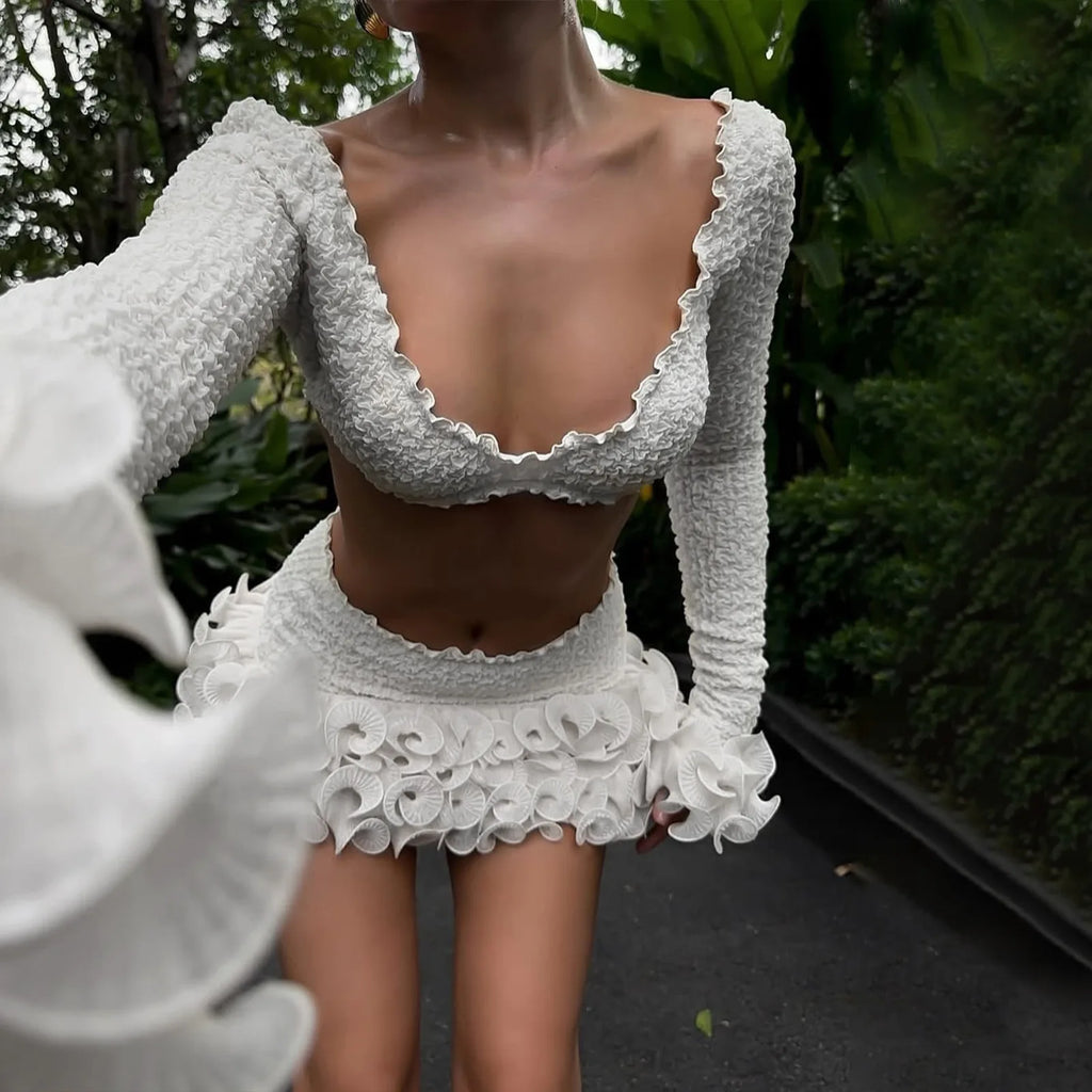 Elowyn White Lace Off-Shoulder Mini Skirt Set Two-piece