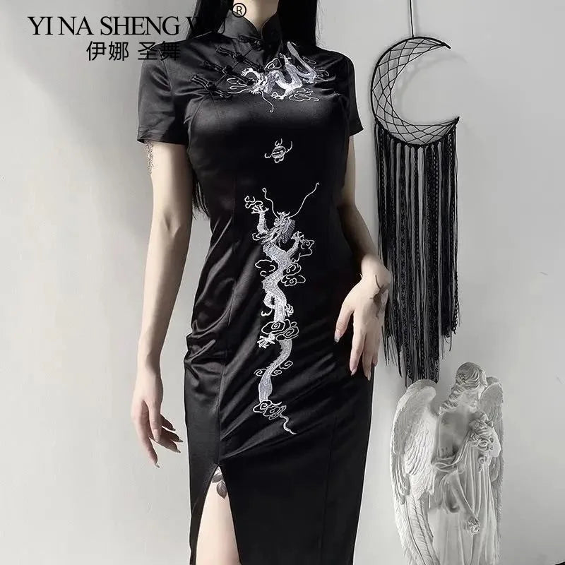 Ravenna Gothic Dragon Embroidered Qipao Maxi Dress