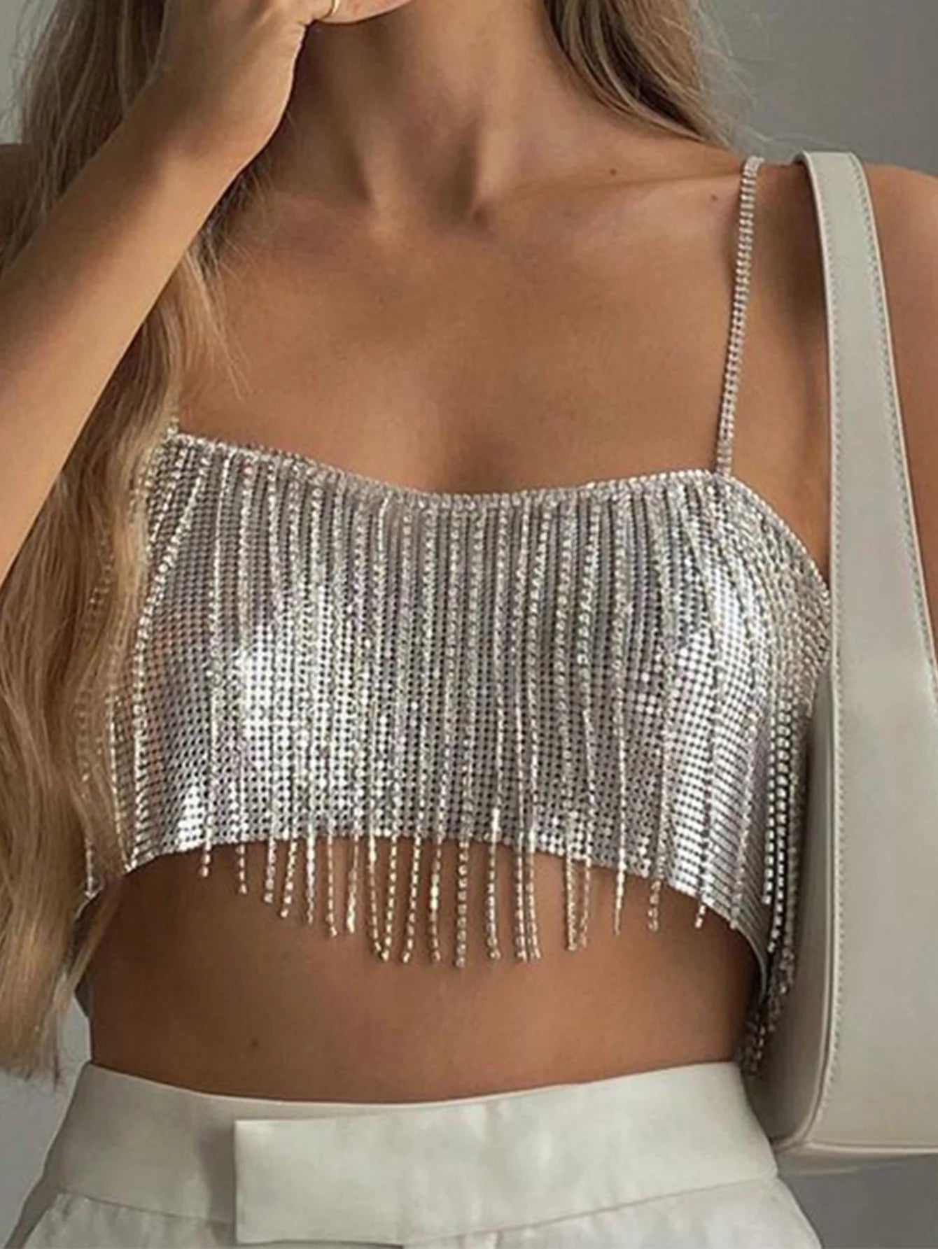 Selene Silver Sequin Halter Crop Top