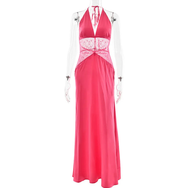 Pervinca Lace-Panel Satin Plunge Halter Backless Maxi Dress
