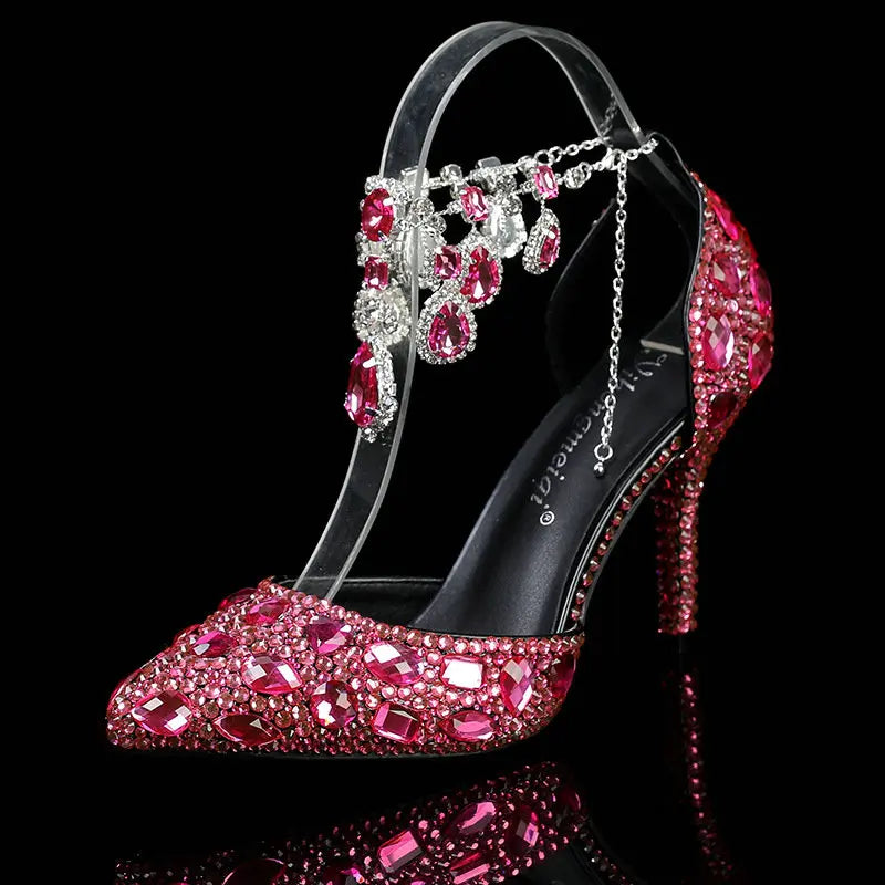 2025 Spring And Autumn New Women'S Shoes Pointed High Heels Crystal Diamond Chain Wedding Shoes Banquet Women'S Single Pumps