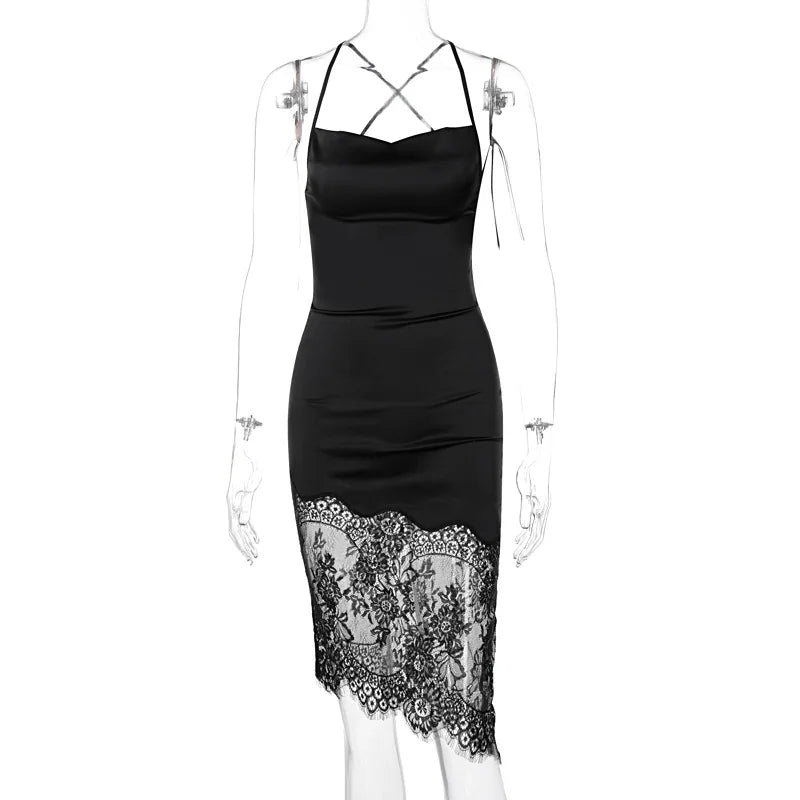 Cecelia Midnight Lace Asymmetry Sleeveless Midi Dress