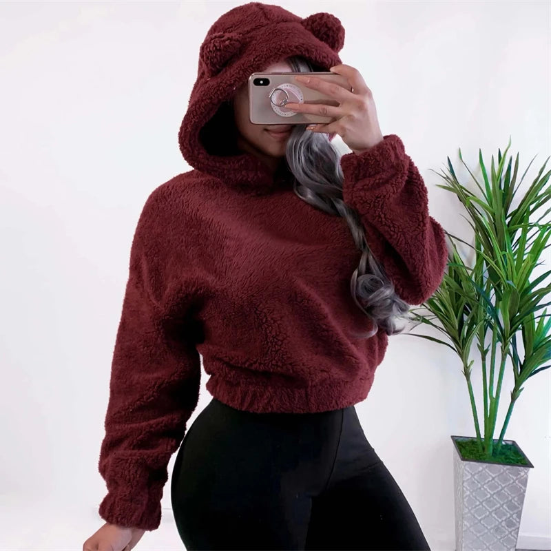 Bryony Fluffy Bear-Ears Cropped Hoodie One-piece