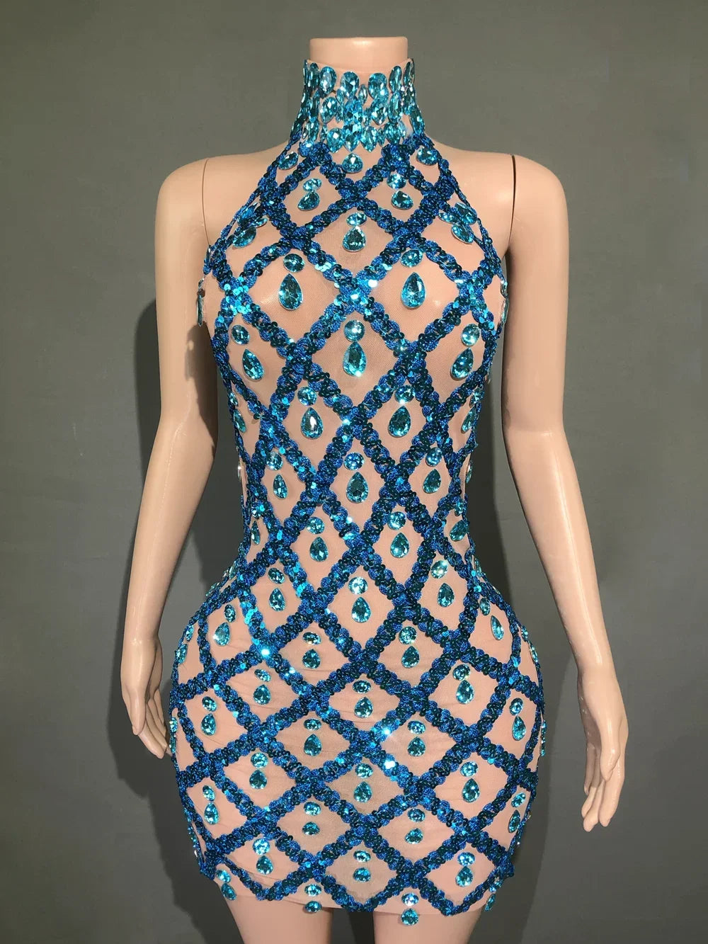 Adara Crystal Sequin Sheer Performance Mini Dress