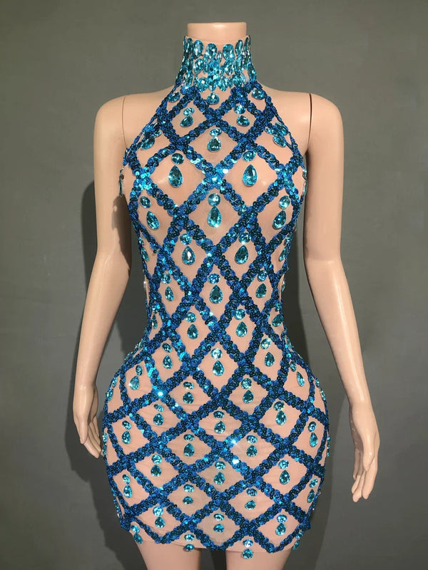 Adara Crystal Sequin Sheer Performance Mini Dress
