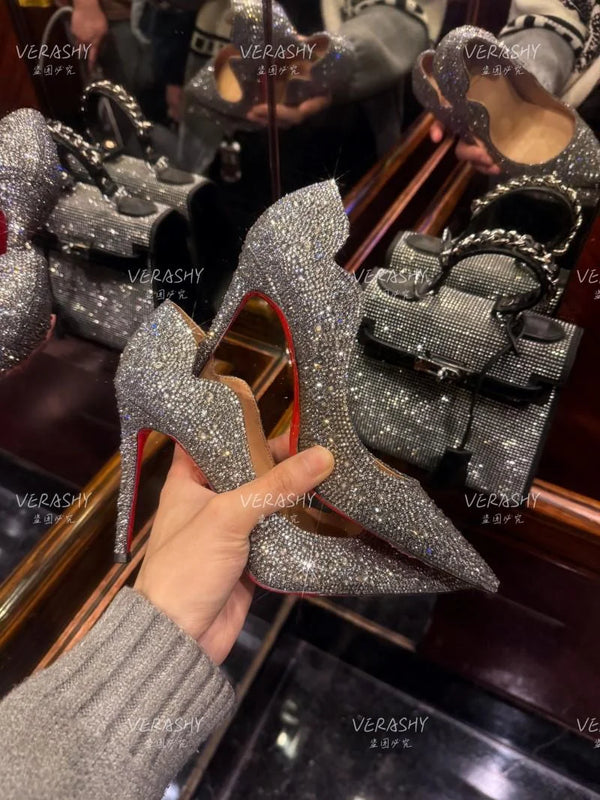High Heels Women 2025 Spring New gold Sexy Pointy French Thin With Single Shoes Women Crystal Wedding Shoes Women Red Sole Shoe