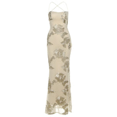 Isabella Spaghetti Strap Floral Embroidered Bodycon Maxi Dress