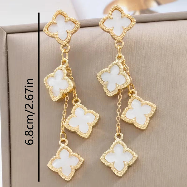 Camellia Shell-Inlay Clover Drop Earrings