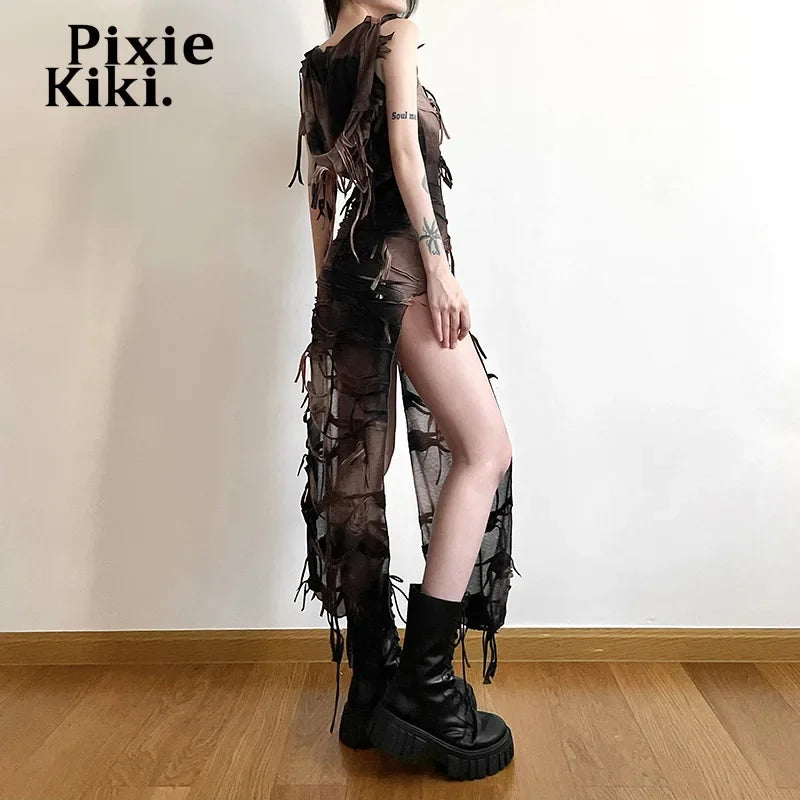 PixieKiki Brown Tie Dye Hooded High Split Long Dresses Trashy Y2k Clothing Street Style Distressed Tassel Dress P94-DZ27