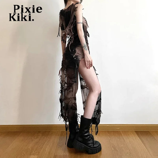 PixieKiki Brown Tie Dye Hooded High Split Long Dresses Trashy Y2k Clothing Street Style Distressed Tassel Dress P94-DZ27