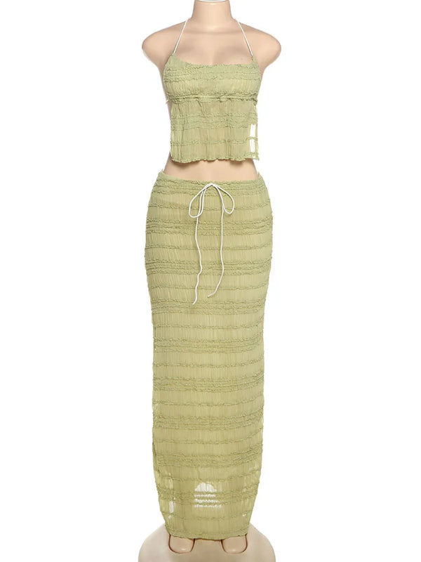 Oksana Sheer Crinkle Mesh Halter Lace-Up Crop Top & Maxi Skirt Two-piece