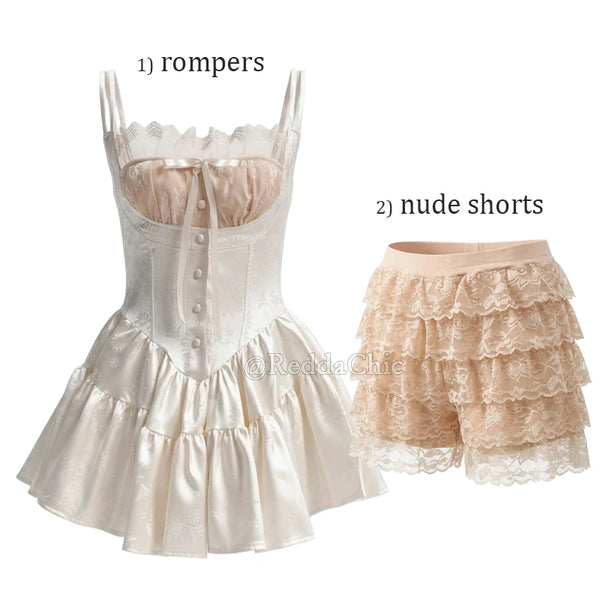 Fenella Satin Floral Jacquard Lace-Trim Corset Romper One-piece