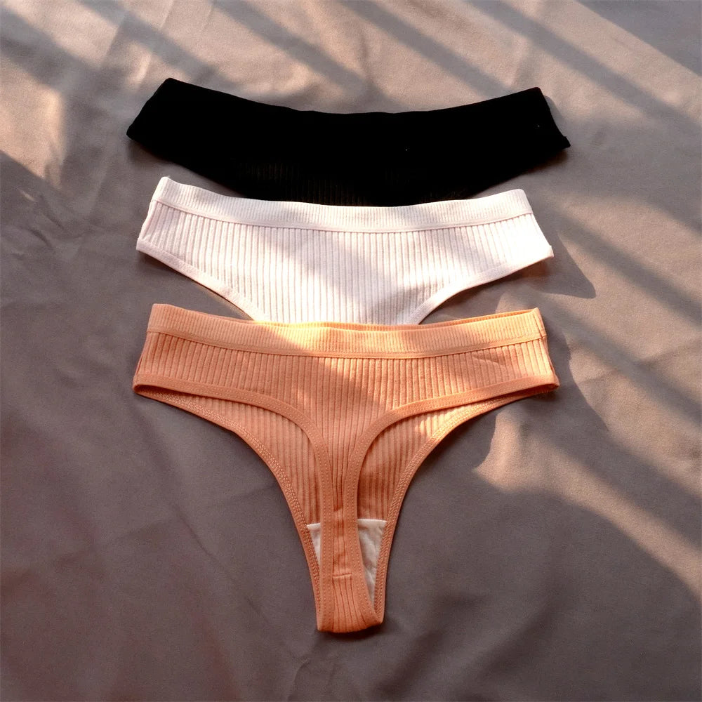 Mirelle Ribbed Cotton Thong Pack Lingerie 3-piece