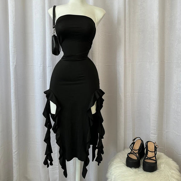Luna Asymmetric Ruffle Slit Maxi Dress One-piece