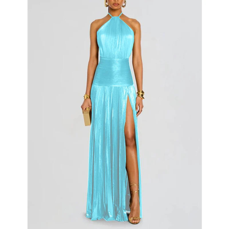 Alina Gold Pleated Halter Maxi Dress