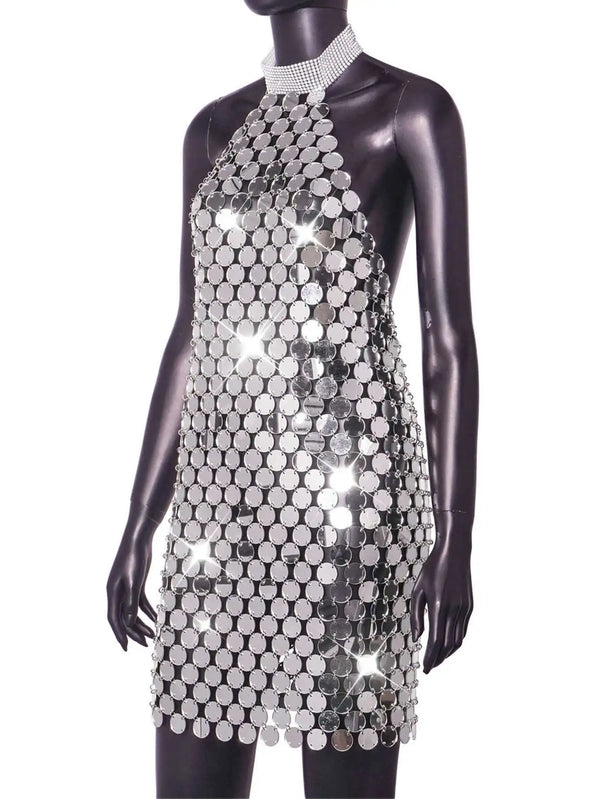 Romilda Silver Metal Sequin Rhinestone-Collar Halter Backless Lingerie Mini Dress