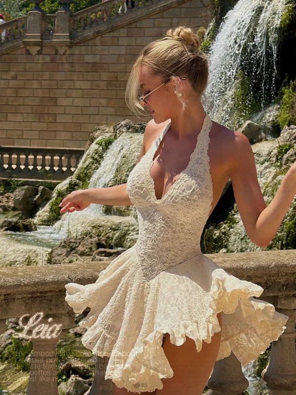 Florentyna Lace Halter V-Neck Backless Flared Mini Dress