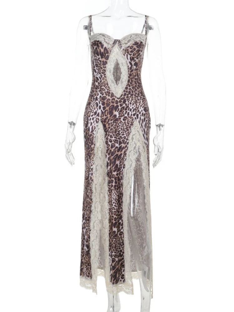 Vionette Leopard Lace-Trim Cutout Maxi Dress