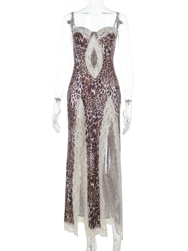 Vionette Leopard Lace-Trim Cutout Maxi Dress