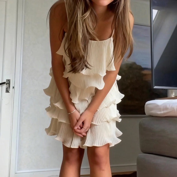 hirigin Women Summer Sleeveless Spaghetti Strap Dress Solid Color Chiffon Tiered Ruffled Mini Party Dress Vacation Streetwear