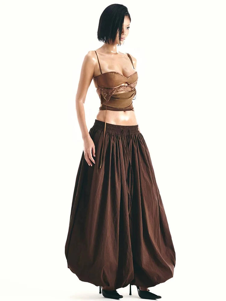 Camila Mocha Lace Spaghetti Strap Sheer Wrap Crop Top